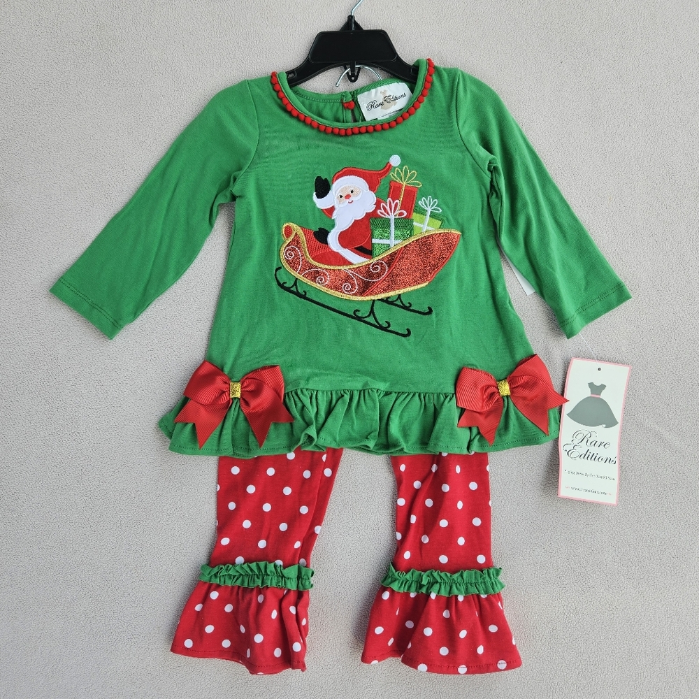 Rare Editions Santa Sleigh Green 2 Piece Tunic Legging Set Christmas 2T Holiday
